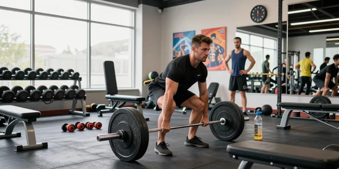 Anabolika Shop Deutschland bietet eine energiegeladene Fitnessszene mit einem Bodybuilder, der Gewichte hebt, umgeben von Fitnessgeräten für effektiven Muskelaufbau.