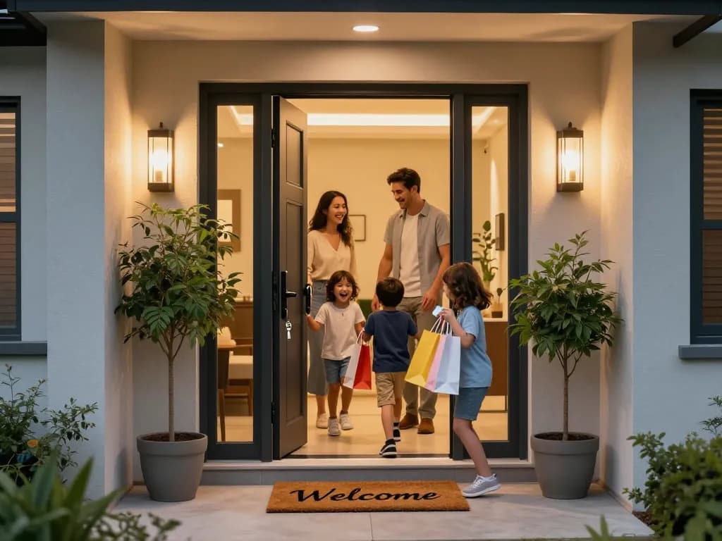 Moderne Haustür, die ein Familienheim willkommen heißt und Wärme sowie Komfort betont.