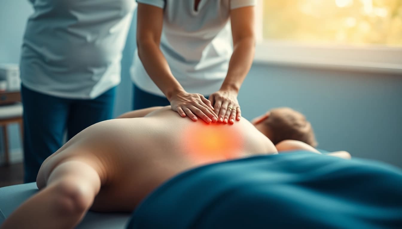 Therapist gently treats Hüftschmerzen in a serene physiotherapy session