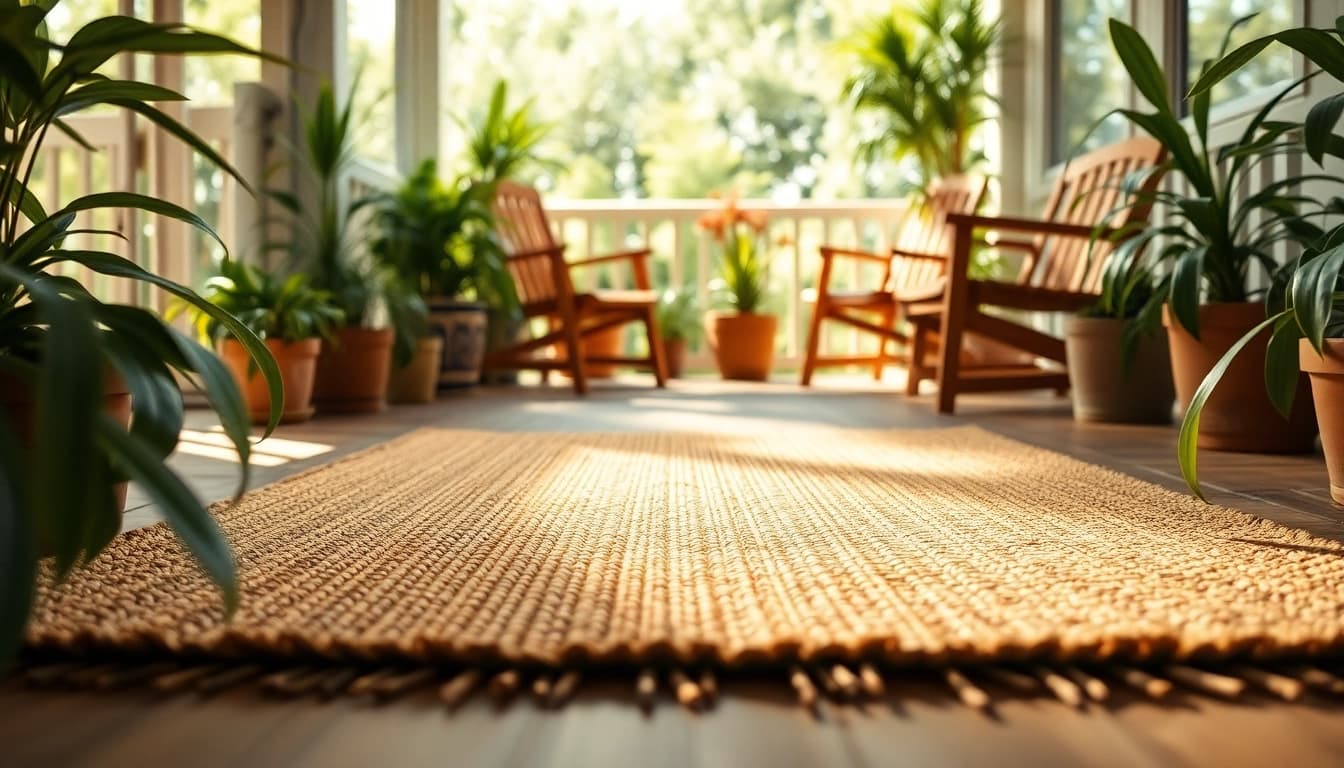 Die Hanfmatte robust und stilvoll auf einer sonnigen Terrasse platziert.