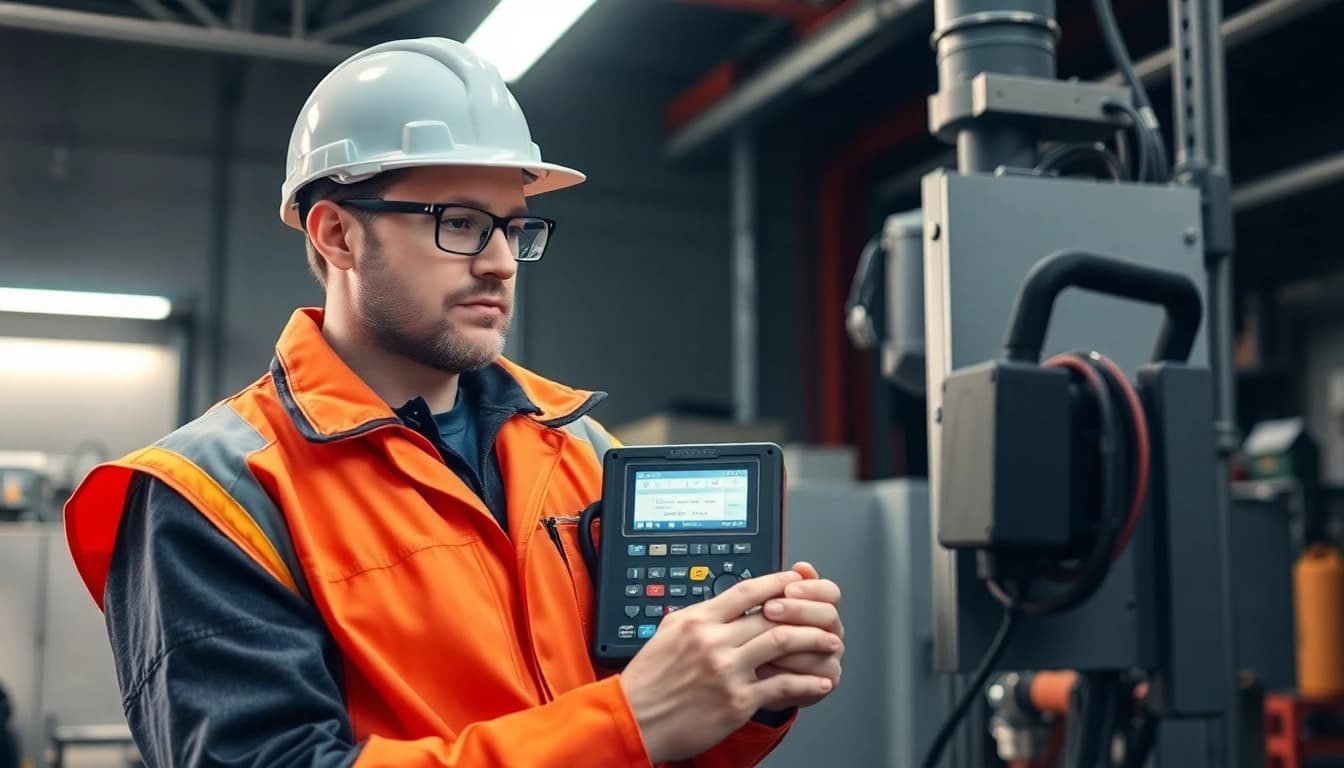 Technician performing a DGUV V3 Prüfung with testing equipment to ensure workplace safety.