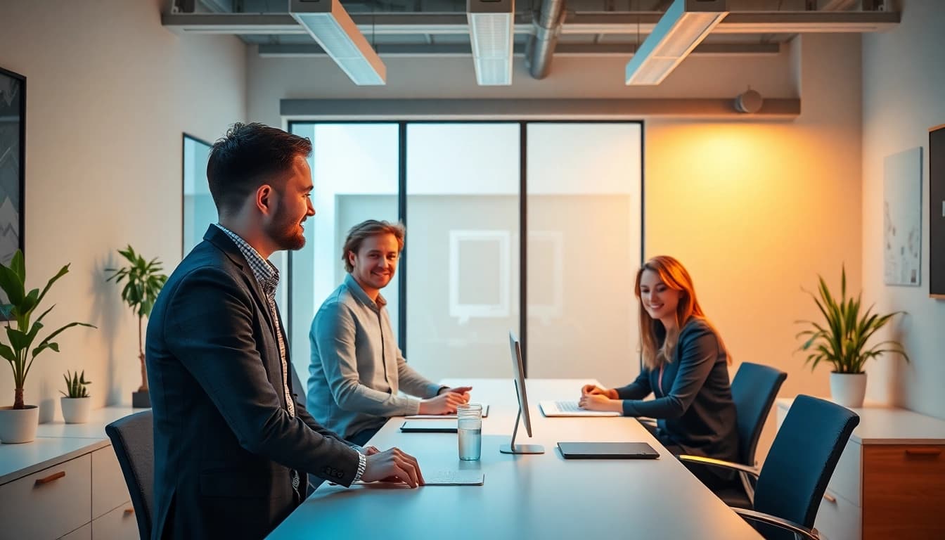 Stellenangebote finden: Mitarbeiter diskutieren in einem modernen Büro über neue Stellenangebote und Karrierechancen.