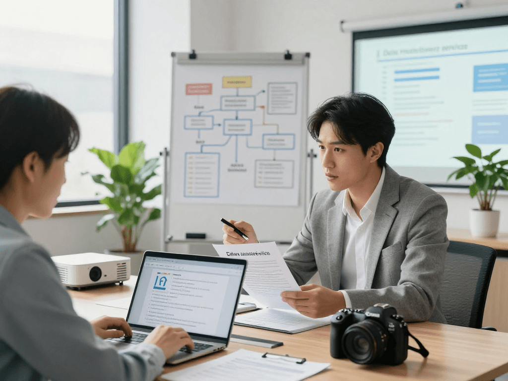 Beratung zur Datenschutz Dienstleistung in einem modernen Büro mit Dokumenten und Laptops.