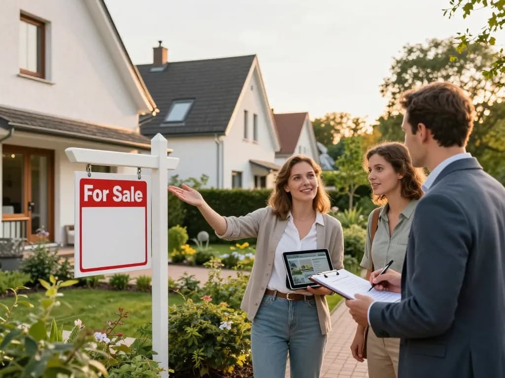 Immobilienmakler Frankfurt Ginnheim präsentiert eine Immobilie und interagiert mit potenziellen Käufern in einer charmanten Nachbarschaft.
