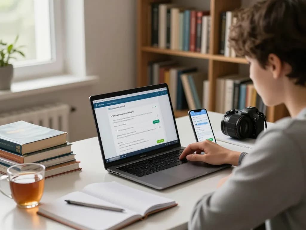 Student, der einen Hausaufgaben Löser online in einem gemütlichen Arbeitszimmer mit Büchern und warmem Nachmittaglicht nutzt.