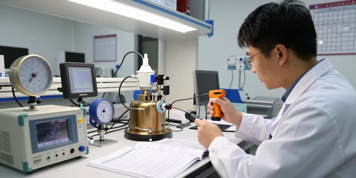 Techniker verwendet ein Heliumlecksuchgerät zur Genauigkeitsmessung in technischem Labor.