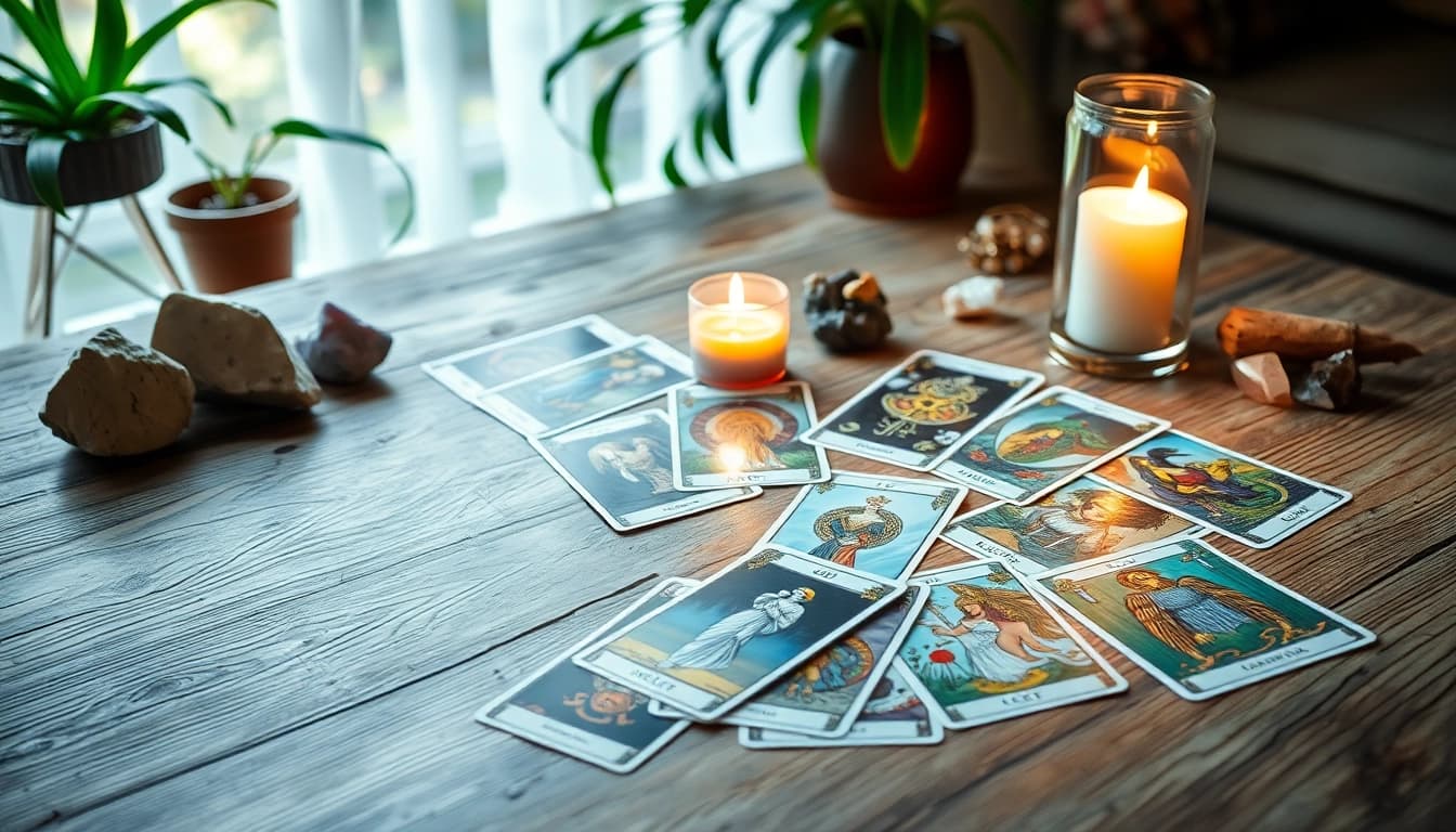 Entdecken Sie die Bedeutung von tarotkarten bedeutung mithilfe einer bunten Kartenlegung auf einem Holztisch.