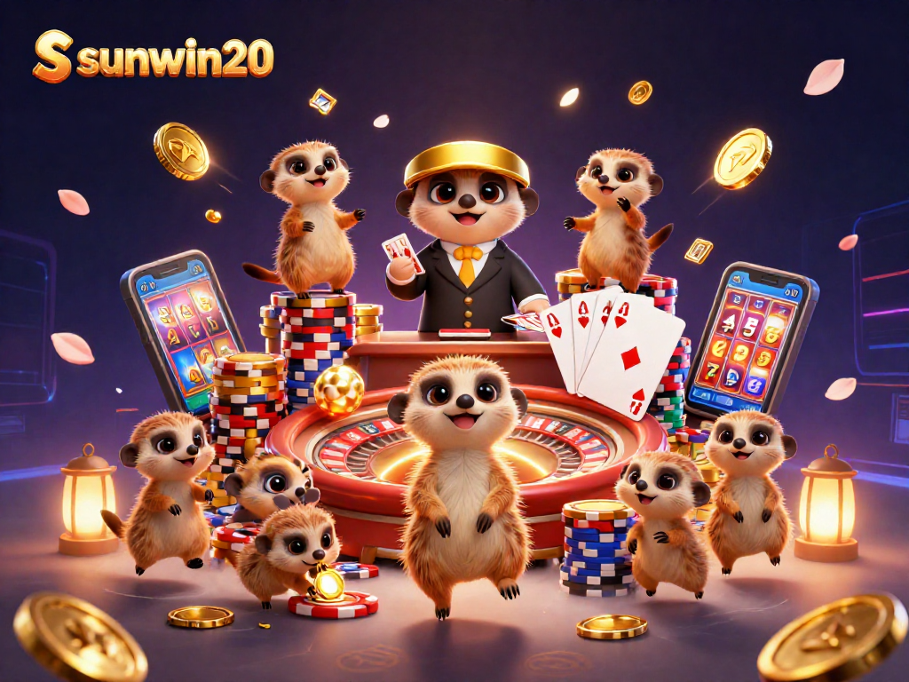 Experience the thrill of sunwin20 at this vibrant casino scene with meerkat dealers and captivating gaming elements.