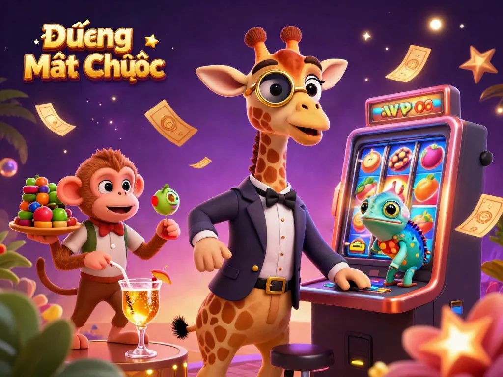 Spin to win with Đường Mạt Chược featuring vibrant slots, high-roller giraffe, and festive gambling elements.