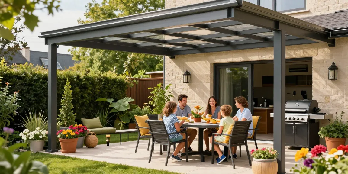 Moderne Terrassenüberdachung mit Familie, die draußen entspannt und die Sonne genießt.