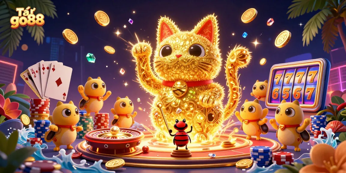 Play and win with Tải go88 in a vibrant 3D casino scene featuring lucky symbols and riches.
