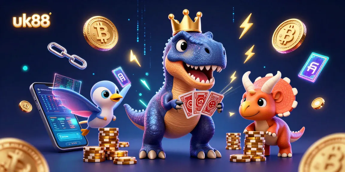 Engage in thrilling gameplay at uk88 with a friendly T-Rex shuffling cards and lively characters.