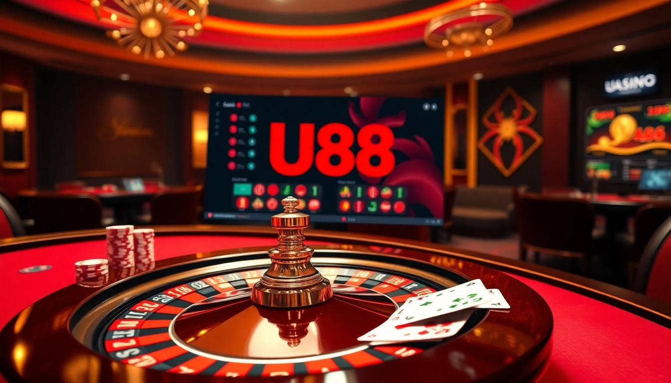 Experience U88's thrilling casino atmosphere with roulette, poker chips, and vibrant gaming interfaces.