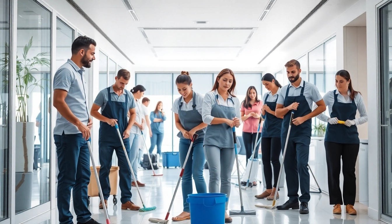 Effiziente berlin gebäudereinigung durch ein Team von Reinigungskräften im modernen Büro.