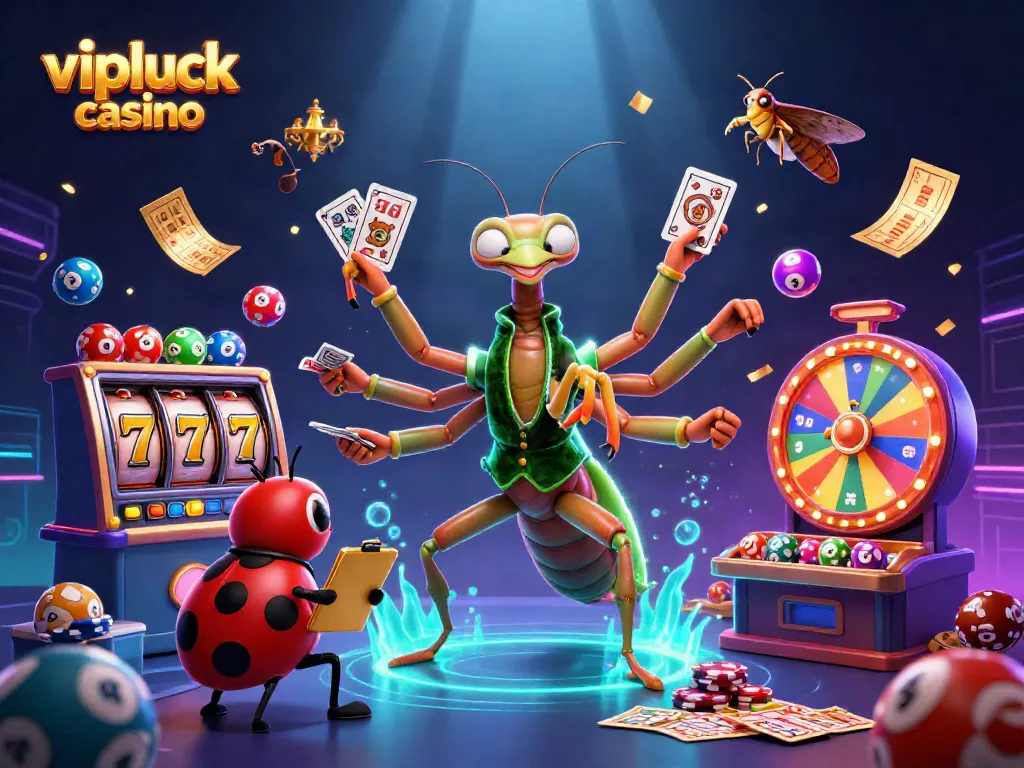 Get ready to win big with vipluck casino as giant mantis and ladybug characters deal cards and celebrate.