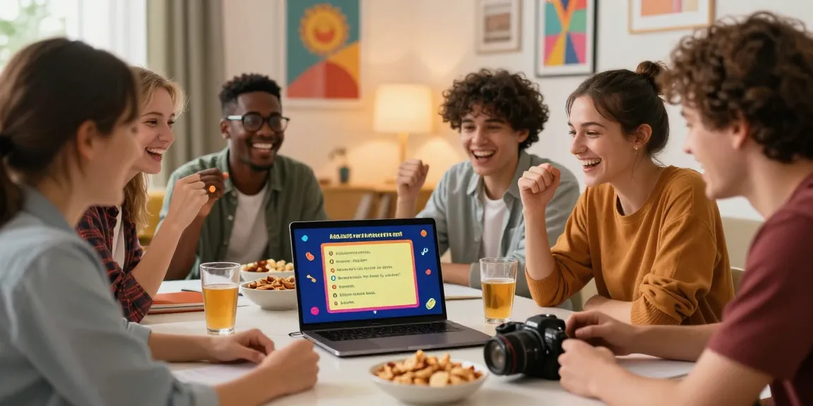 Freunde genießen ein interaktives Quiz Allgemeinwissen im gemütlichen Wohnzimmer und teilen ihr Wissen.