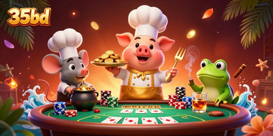 Experience winning with 35bd, featuring a chef pig serving golden coins and vibrant poker elements.