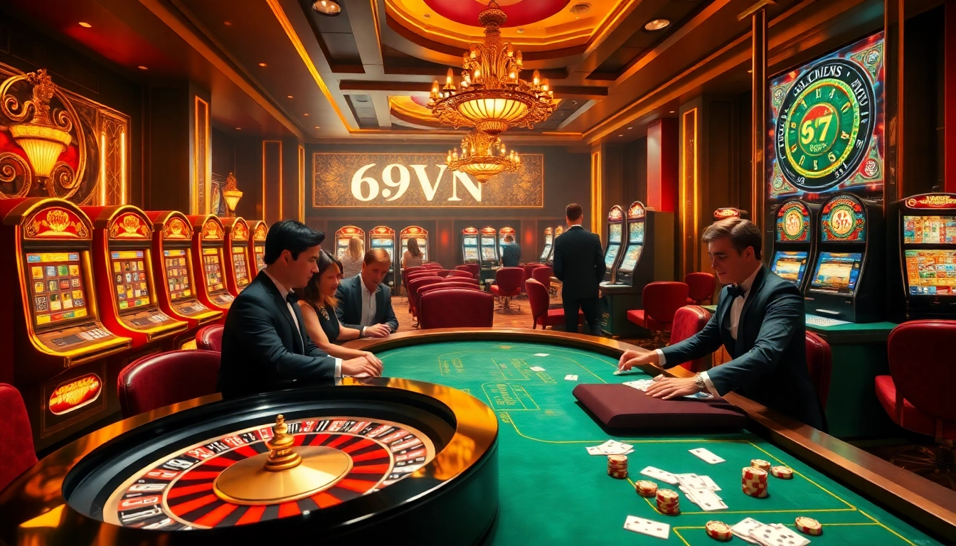 Exciting gambling scene at 69VN casino with players, roulette, and slot machines.