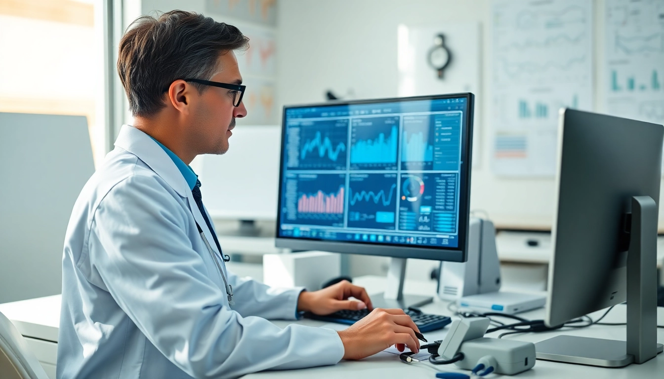 Die deus medical Geräte werden von einem Fachmann in einem modernen, organisierten Büro analysiert.
