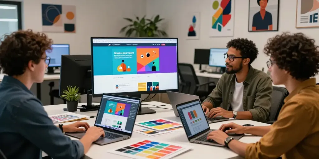 Webdesign Saarland - Team bei der Zusammenarbeit an einem modernen Website-Prototyp im Büro.