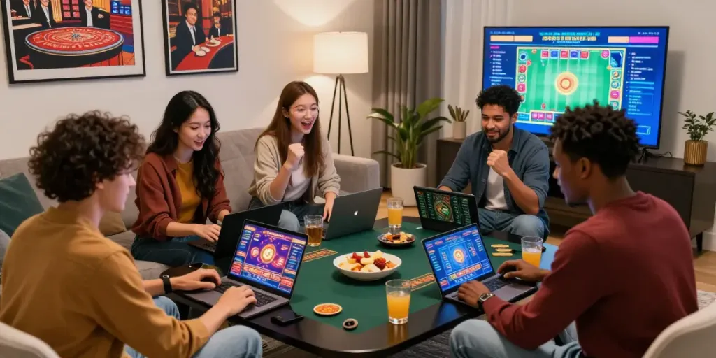 Freunde spielen Casino direkt im Browser in modernem Wohnzimmer.