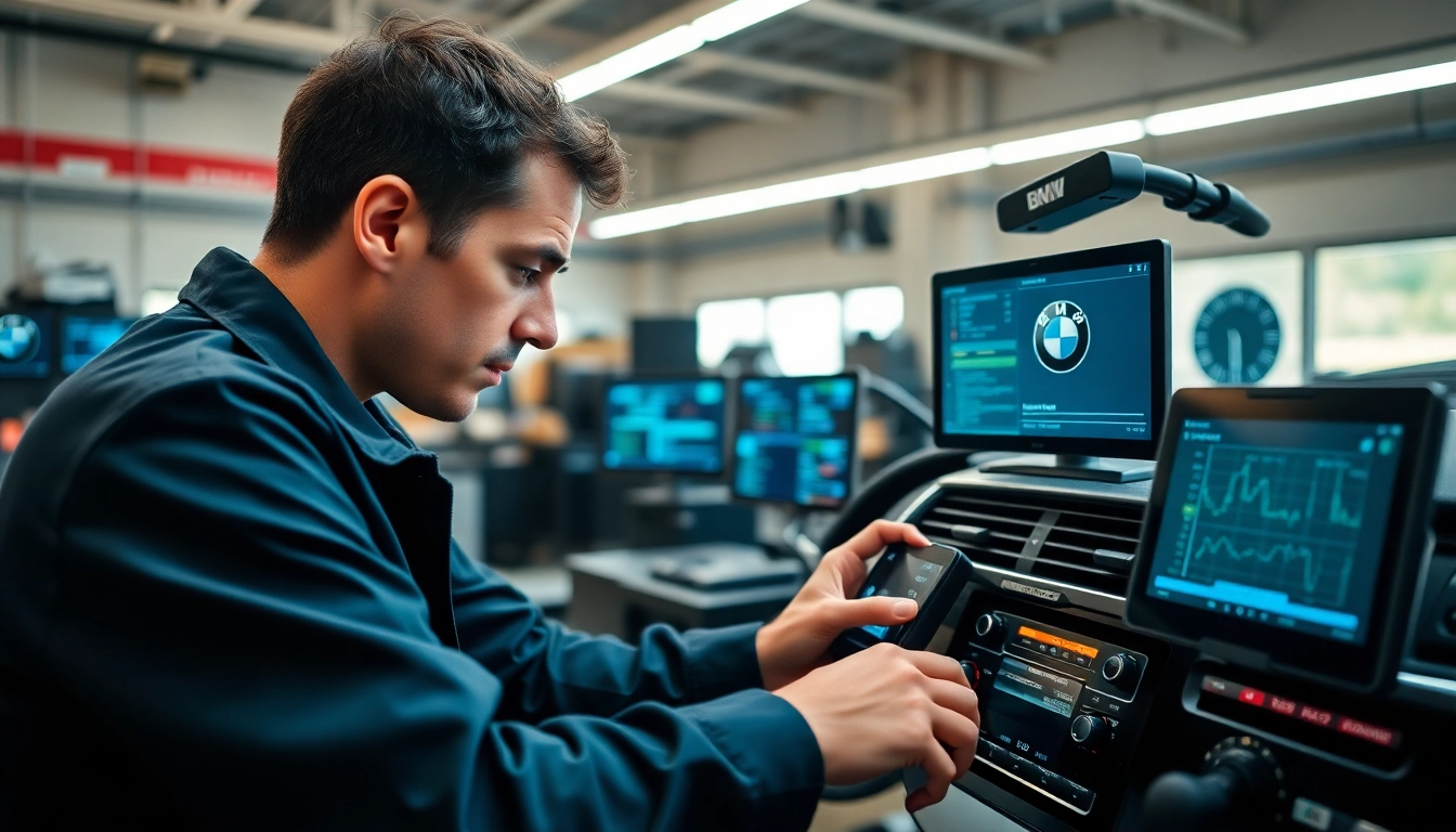 BMW Codierer programmiert modernes Fahrzeugsteuergerät in professioneller Werkstatt.