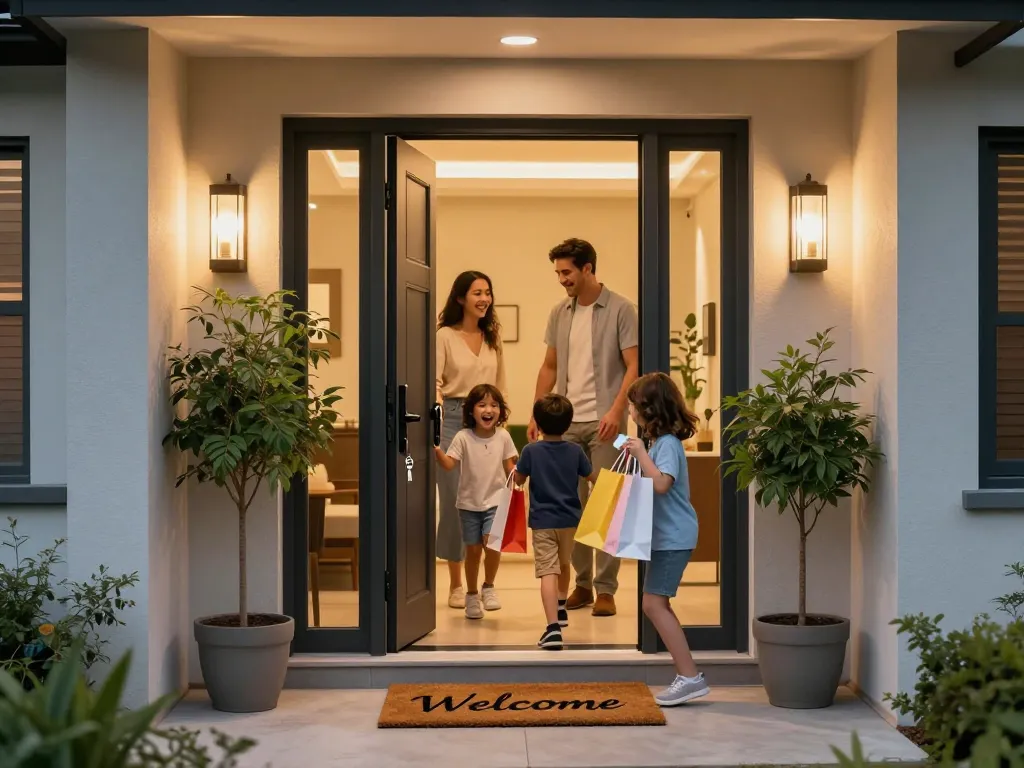 Moderne Haustür, die ein Familienheim willkommen heißt und Wärme sowie Komfort betont.