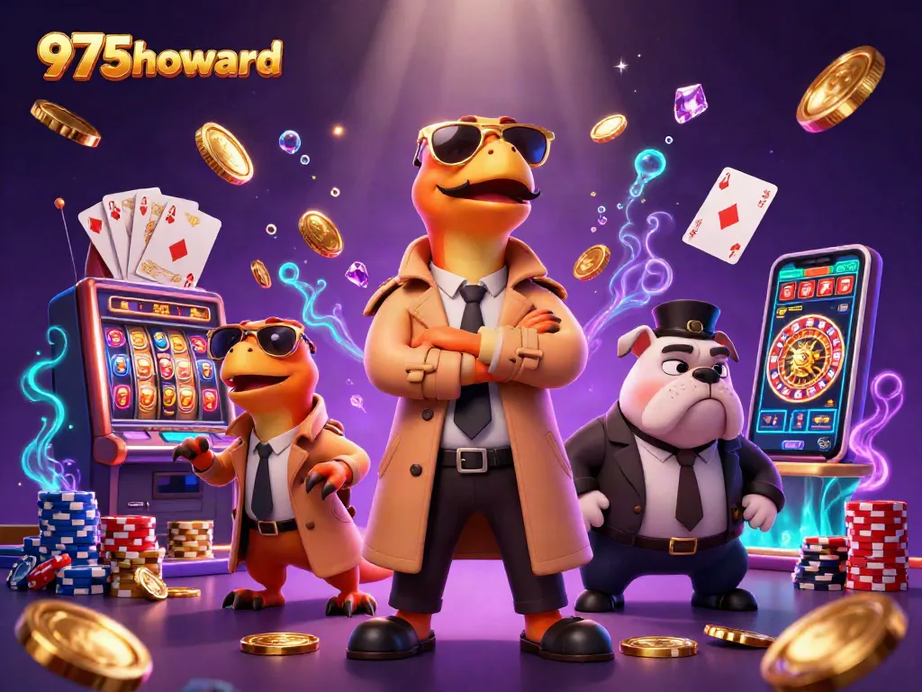 3D cartoon illustration of 975howard, three raptors in a trench coat attempting VIP entrance at a casino.