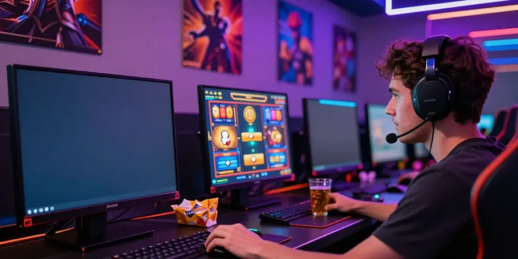 Exciting moment of a player immersed in the rokok88 slot game surrounded by neon lights and gaming snacks.