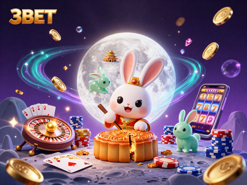 Experience 3BET action with a cartoon moon rabbit revealing poker chips in a vibrant 3D casino scene.