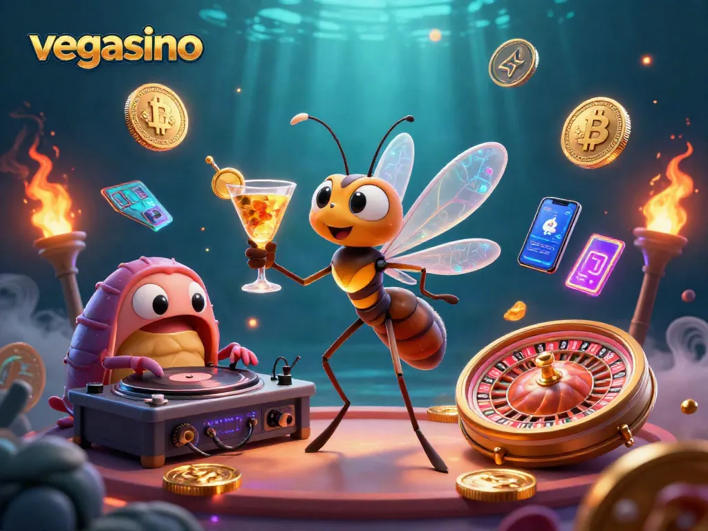 Engage with vegasino through a vibrant crypto casino scene featuring animated characters and game elements.