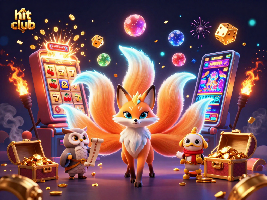 Explore the magical world of hit club with vibrant characters and casino games in a dynamic illustration.
