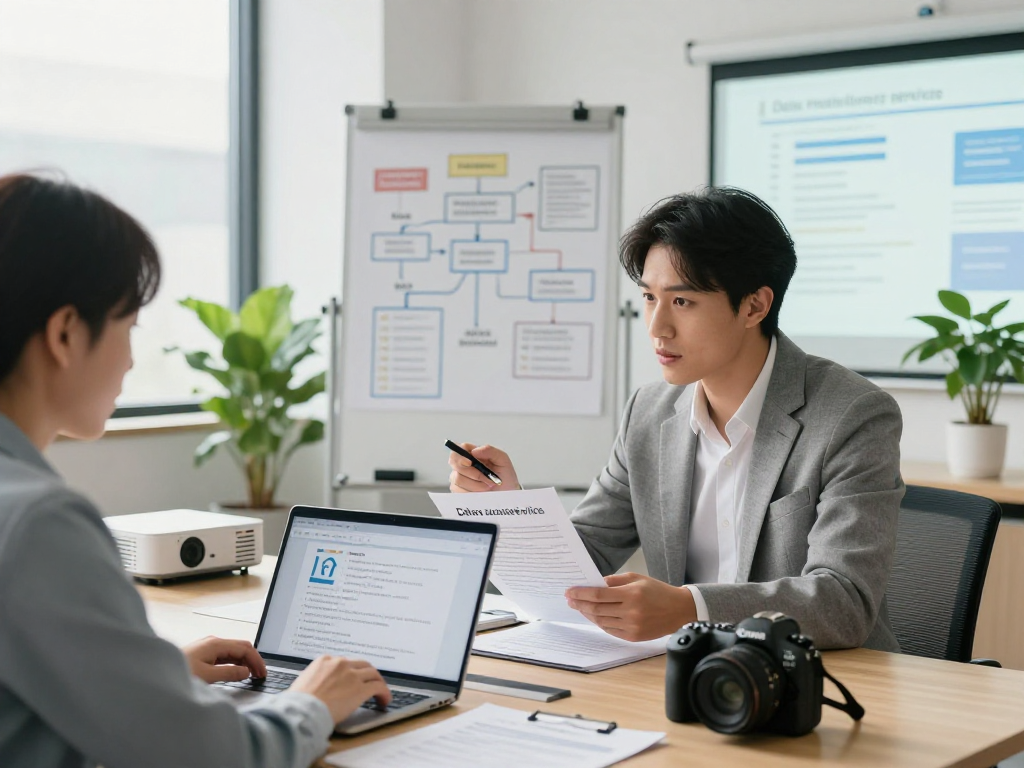 Beratung zur Datenschutz Dienstleistung in einem modernen Büro mit Dokumenten und Laptops.