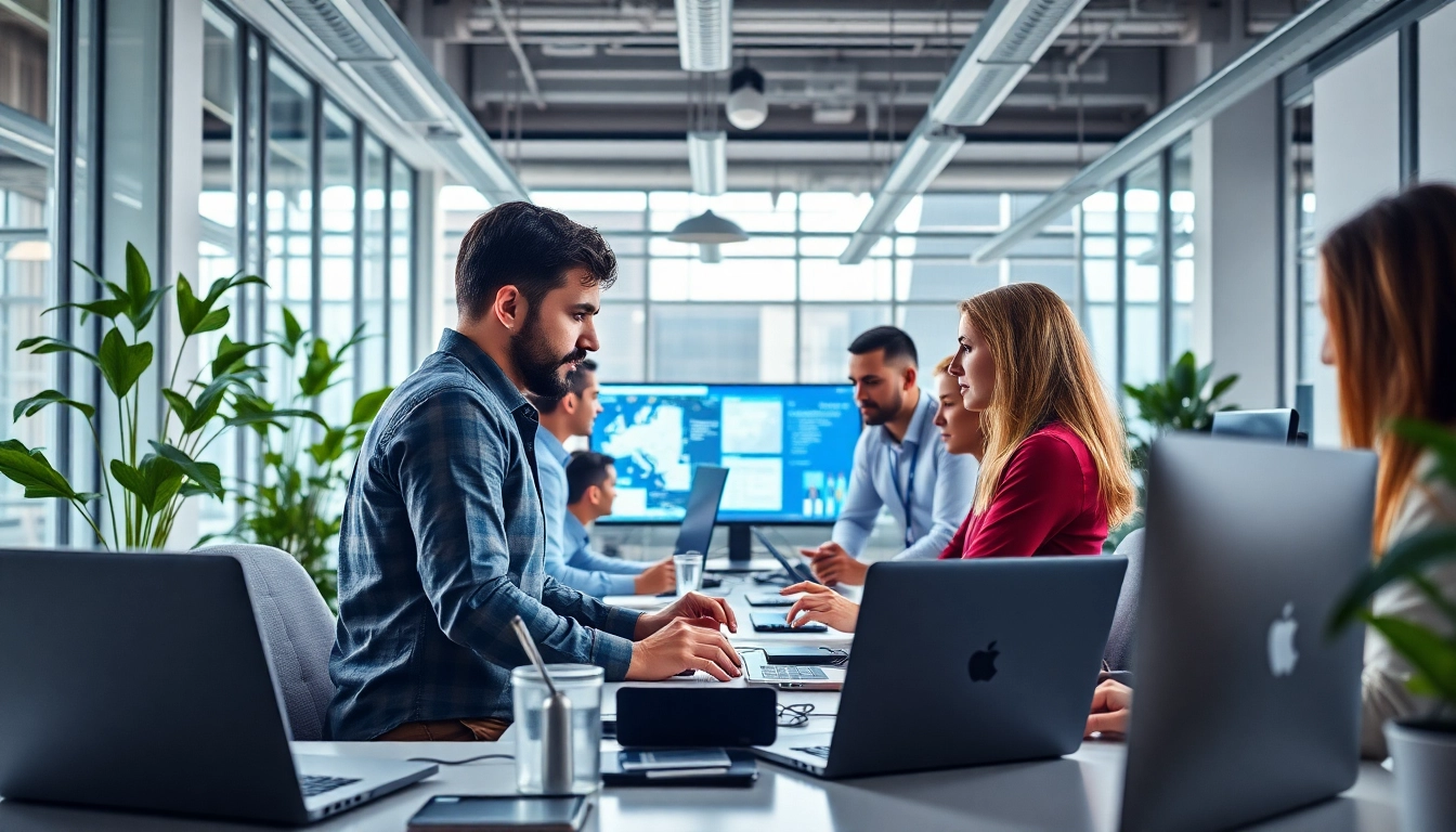 IT Dienstleister team collaborating in a modern office space with advanced technology.