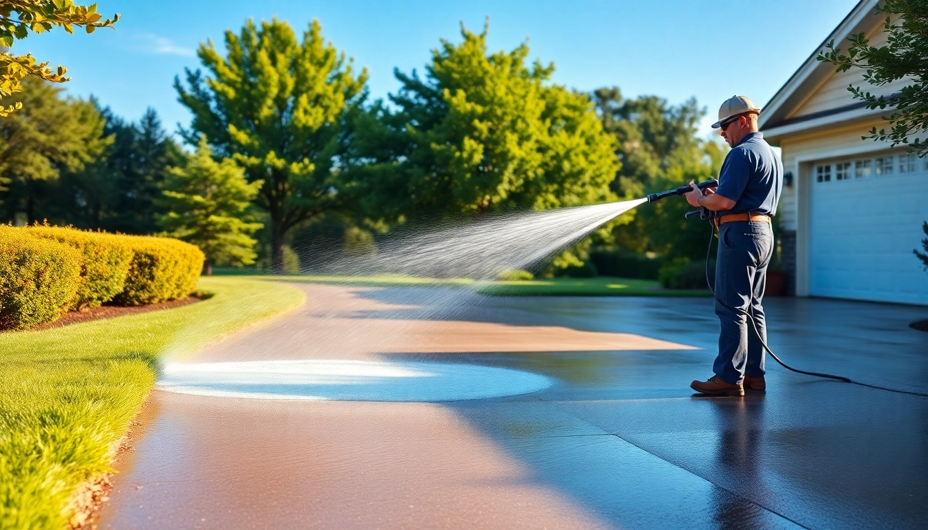 Driveway pressure wash service revitalizing a suburban driveway with powerful cleaning.