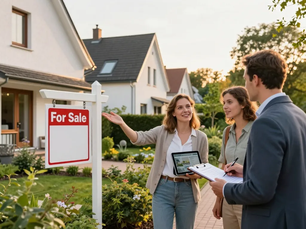 Immobilienmakler Frankfurt Ginnheim präsentiert eine Immobilie und interagiert mit potenziellen Käufern in einer charmanten Nachbarschaft.
