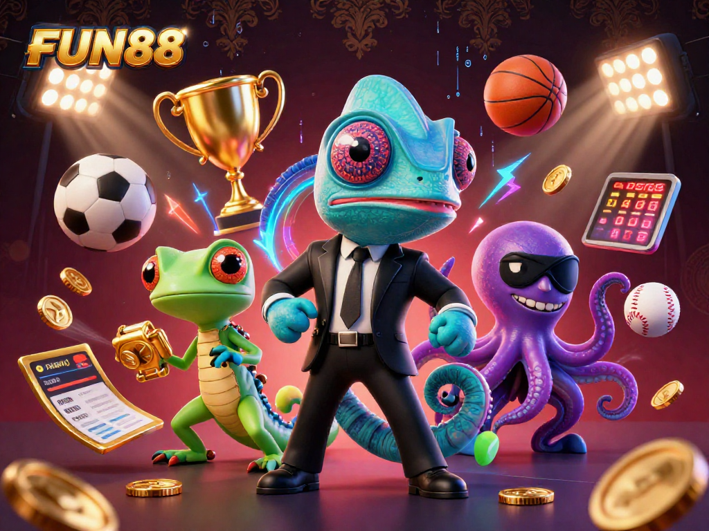 Betting on FUN88: A vibrant 3D scene of a sports betting adventure featuring colorful characters and dynamic game elements.