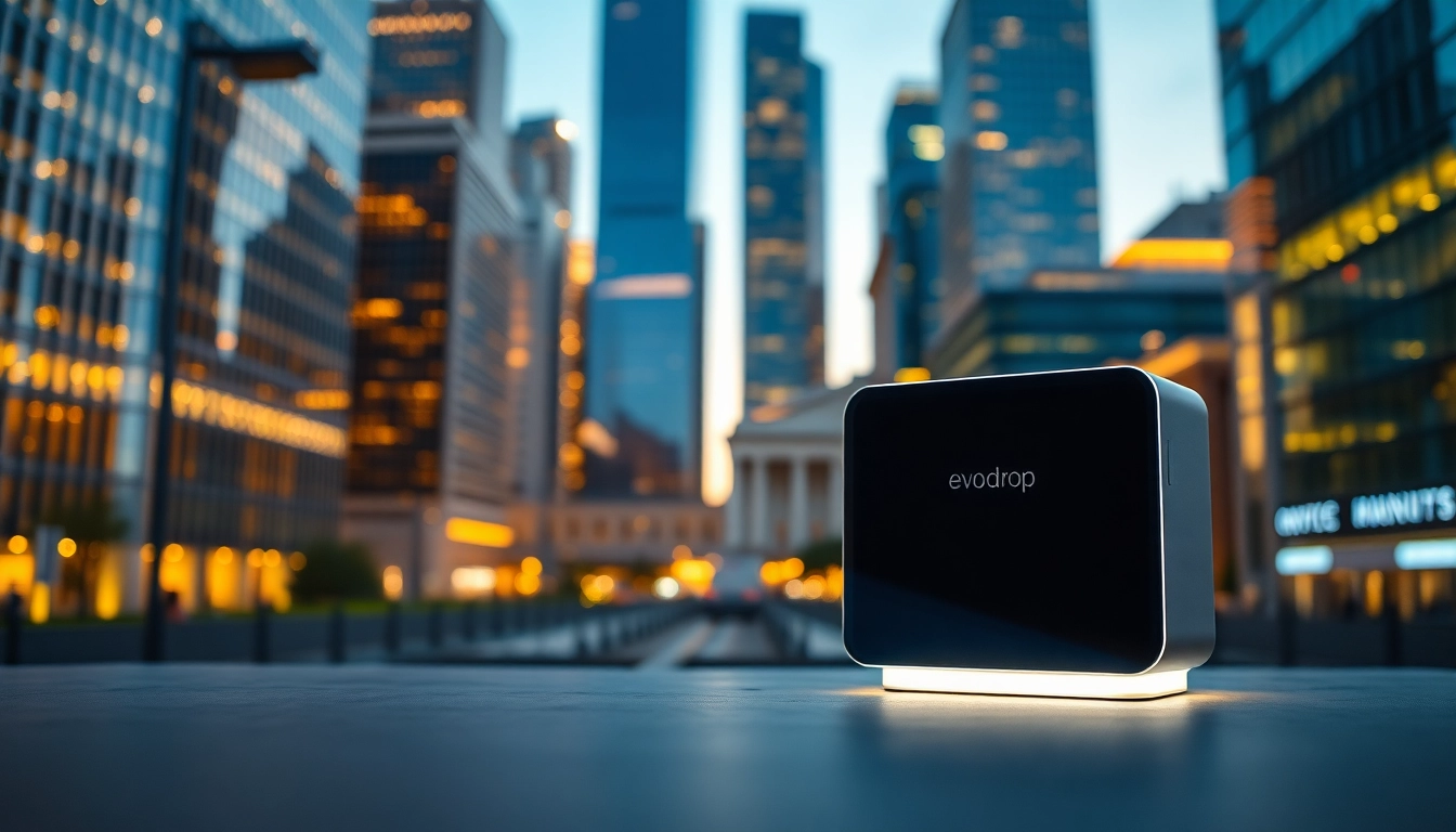 Evodrop Beobachter in urban environment with energetic vibe, showcasing modern technology and design.