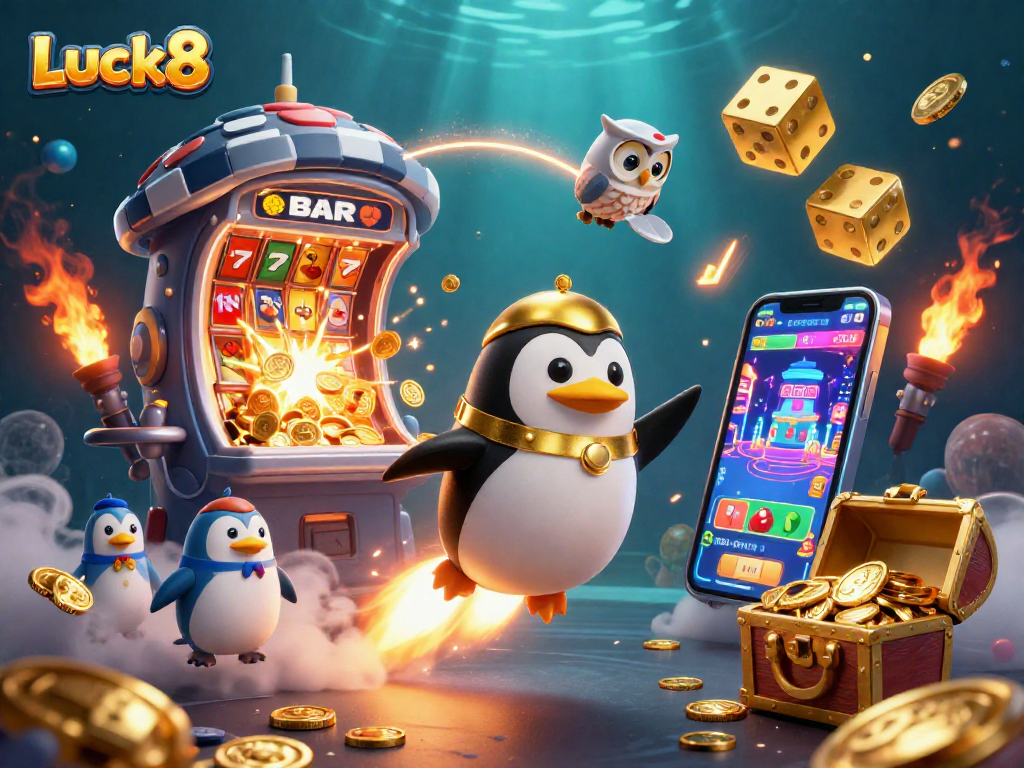 Experience the excitement of Luck8 with a dynamic casino-themed 3D illustration featuring games, coins, and vibrant energy.