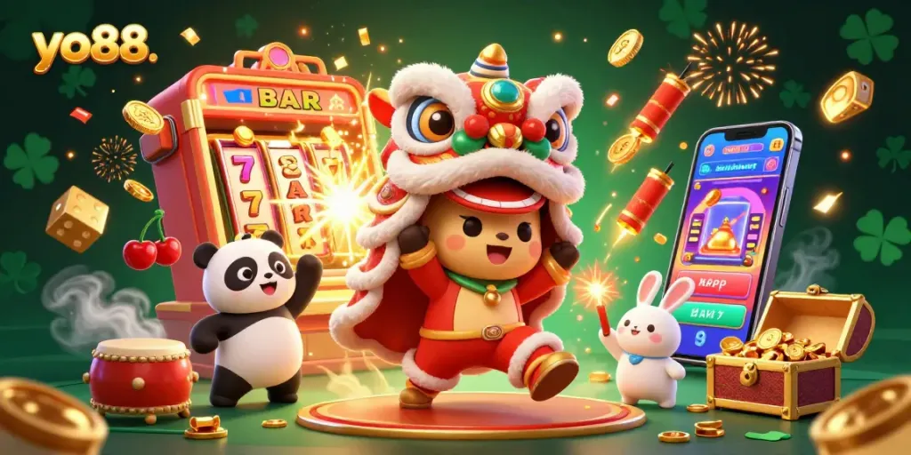 Join the action with yo88 in this vibrant 3D casino illustration featuring jackpot excitement and cute characters.