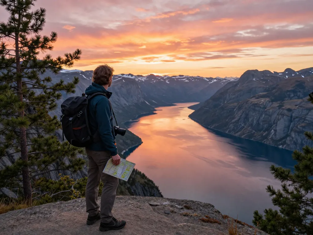 Skandinavien Reisetipps: Reisender mit Blick auf einen malerischen Fjord während des Sonnenuntergangs, der Abenteuer und die Schönheit der Natur widerspiegelt.