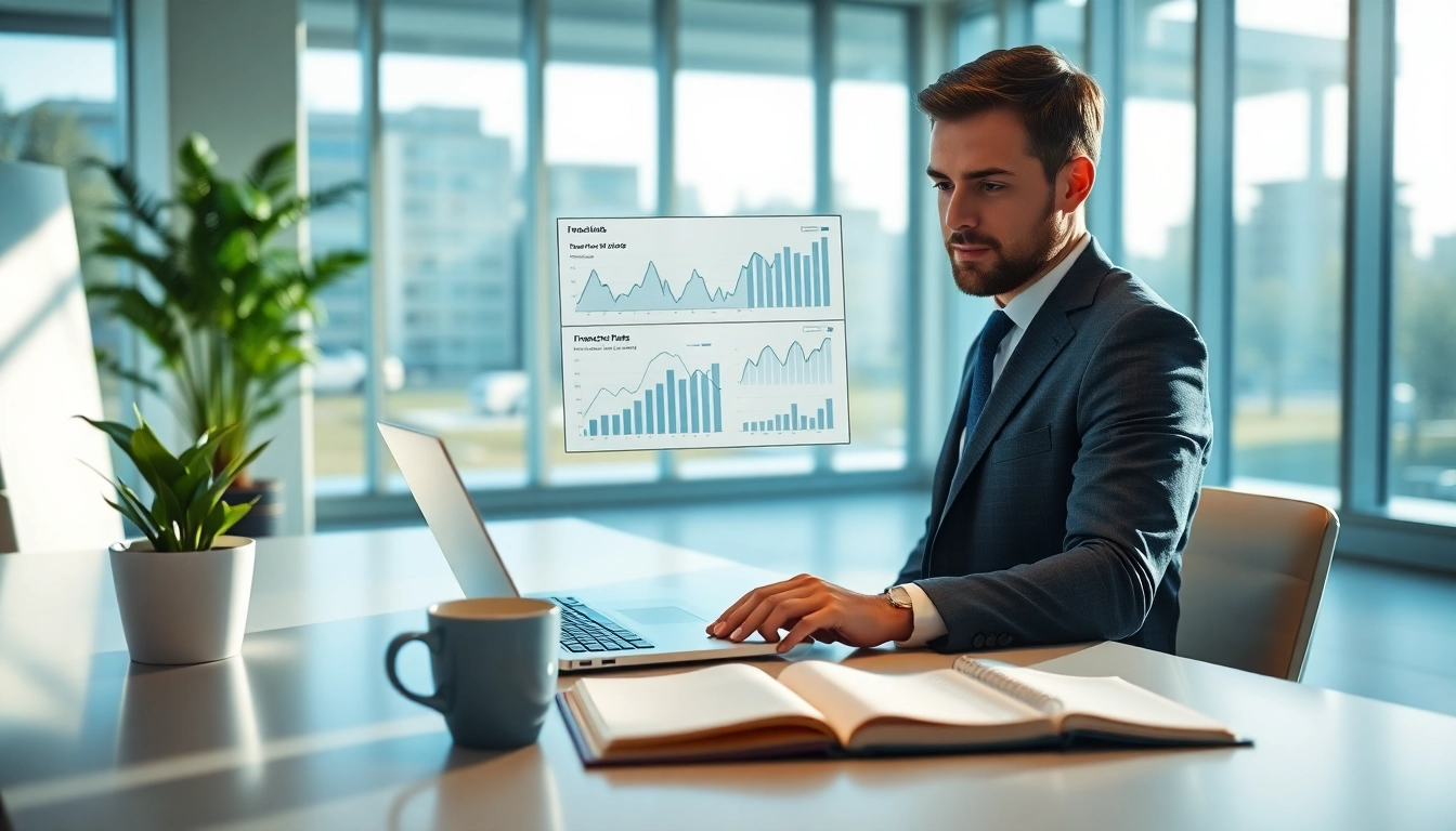 Indexfonds Analyse in einem modernen Büro mit Finanzgrafiken und Geräten.