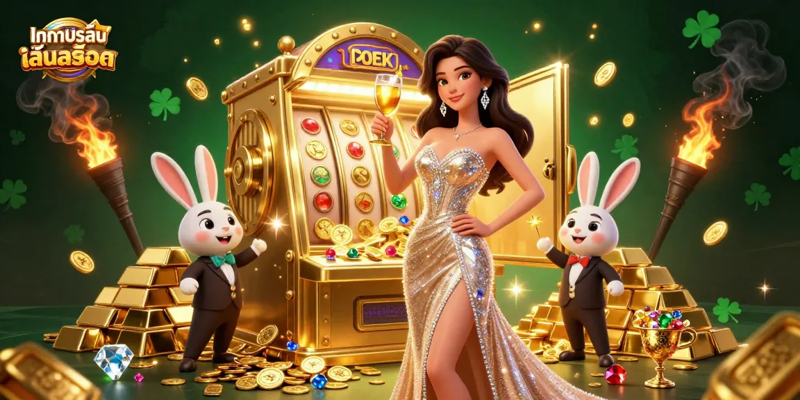 Experience ทดลองเล่นสล็อต with a glamorous scene featuring a woman celebrating beside a jackpot slot machine.