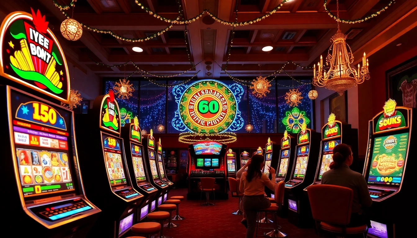 Erlebe einen aufregenden Online Casino Bonus mit festlichen Spielautomaten und glücklichen Spielern im Hintergrund.