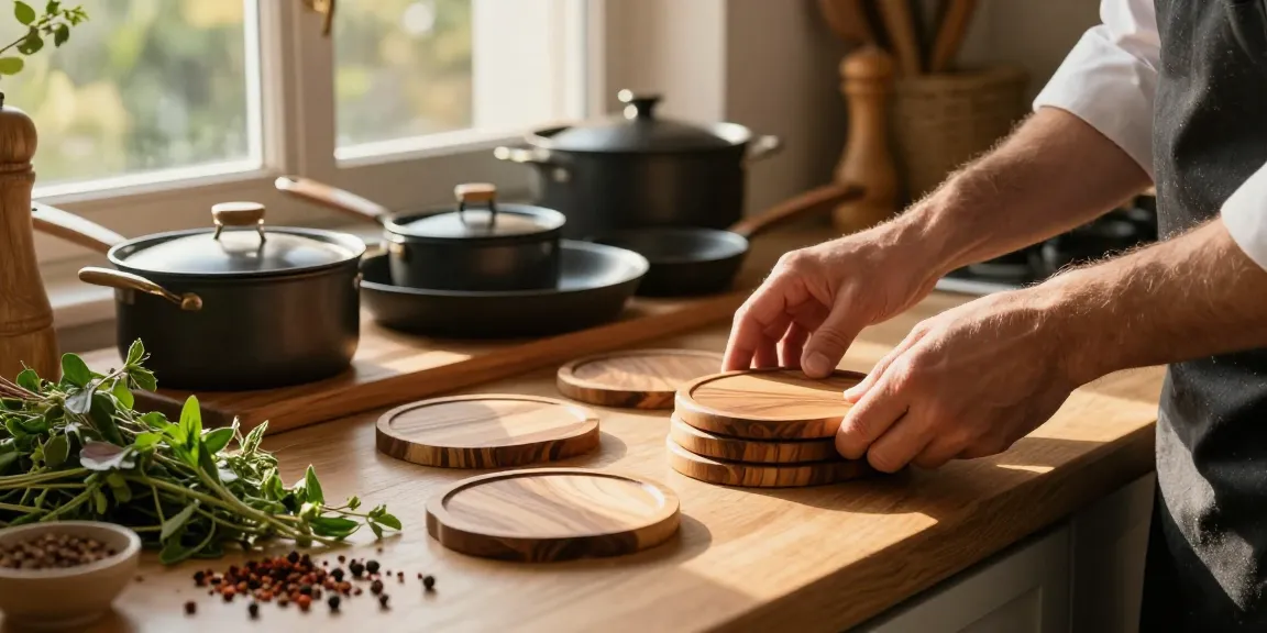 Elegante Topfuntersetzer aus Holz in rustikaler Küchenszene mit Kochen und natürlichen Materialien.