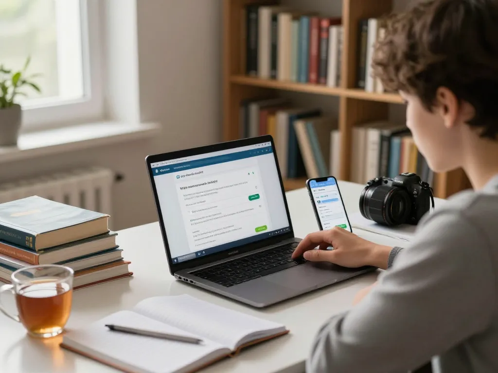Student, der einen Hausaufgaben Löser online in einem gemütlichen Arbeitszimmer mit Büchern und warmem Nachmittaglicht nutzt.