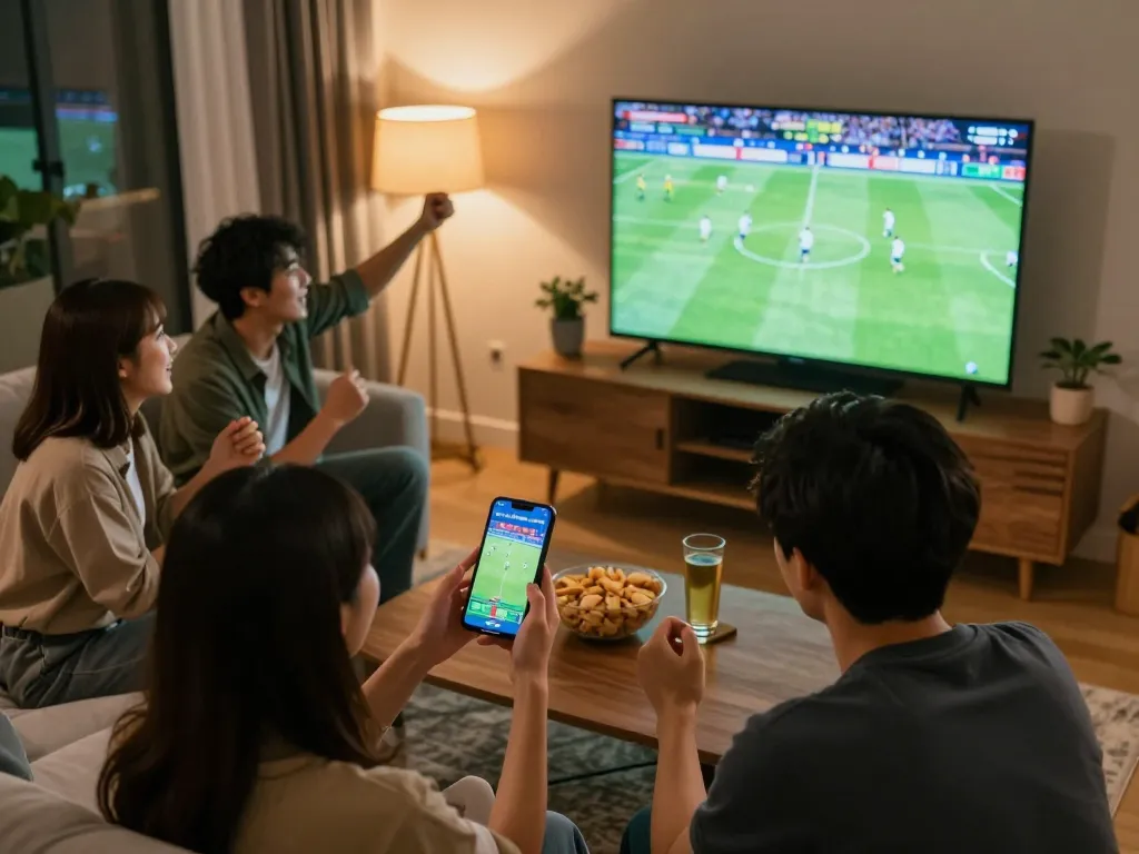 Engaging in kèo nhà cái sports betting while enjoying a live football match in a cozy atmosphere