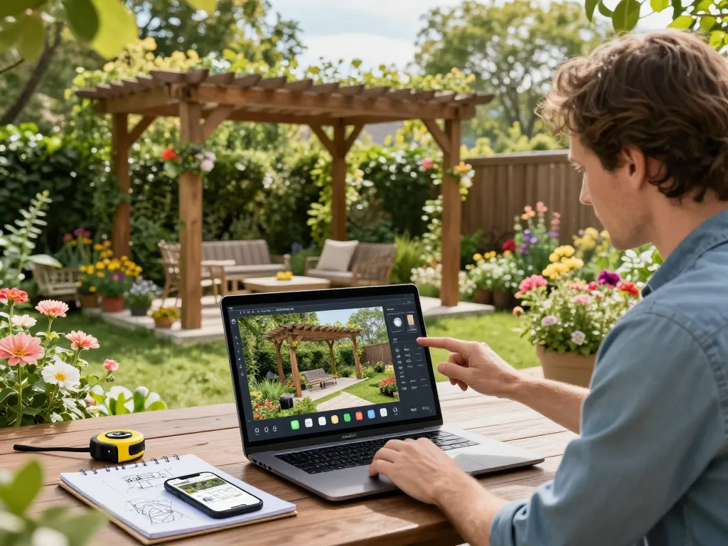 Designer nutzt einen Pergola Konfigurator 3D in einer lebhaften Gartenumgebung, visualisiert maßgeschneiderte Pergola-Designs in Echtzeit.
