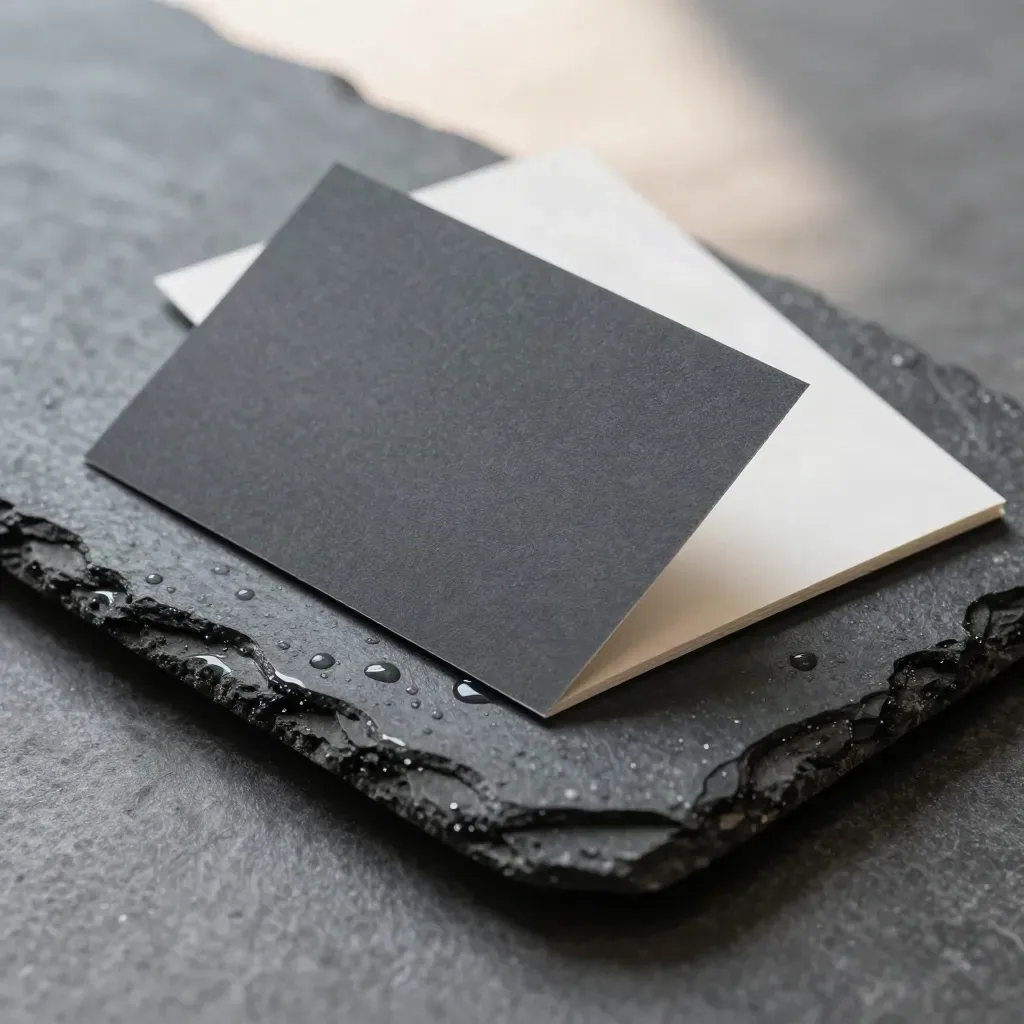Nahaufnahme eines B2B-Dossiers auf nassem Basalt mit Wasserperlen und weißem Divider.