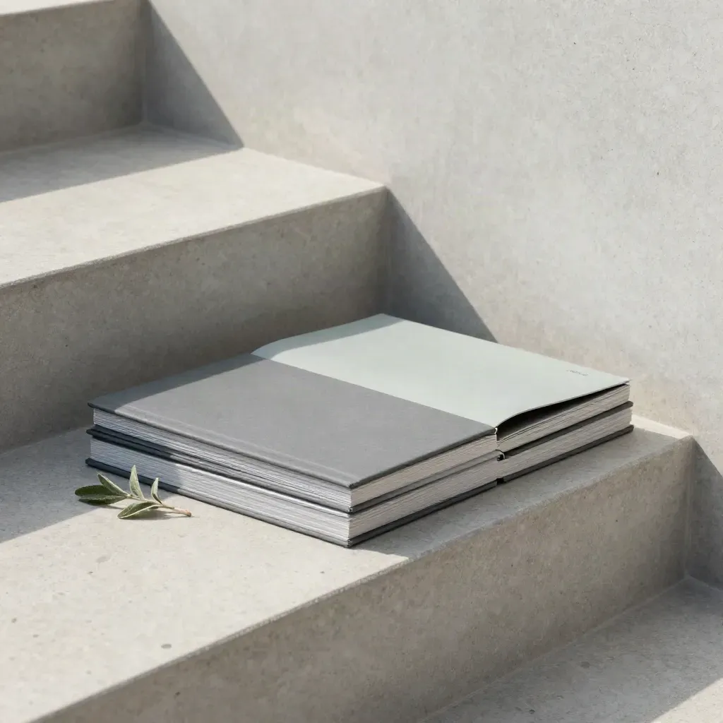 Go-to-Market-Dossier auf Betontreppe mit Zweig im kühlen Morgenlicht.
